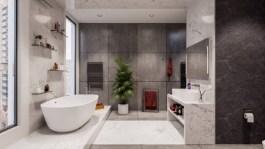 New modern bathroom interior design  with bathtub and faucet. Residential bathroom design in the new apartment, building. Bathroom interior modern design with white marble slabs.