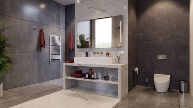 Modern bathroom interior design with vanity and faucet. Residential bathroom in the new apartment building. Bathroom interior modern design with white marble counter.