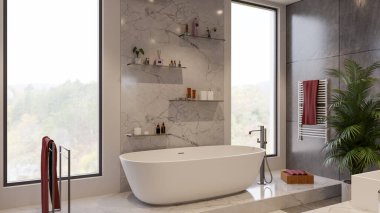 Modern bathroom interior design  with bathtub and faucet. Residential bathroom design in the new apartment, building. Bathroom interior modern design with white marble slabs.