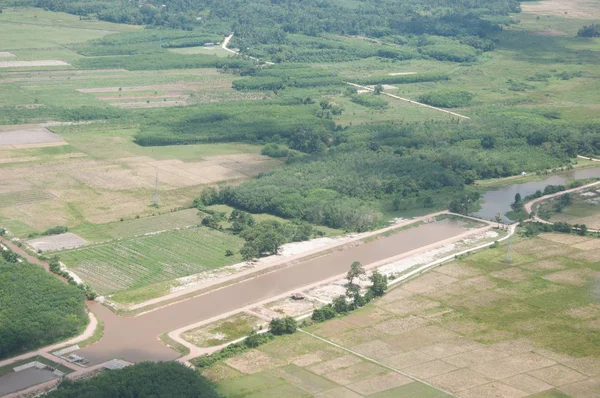 Dam for agriculture view from helicopter — Stock Photo, Image