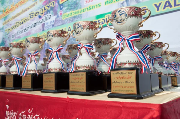 YALA, TAILANDIA - 1 DE ABRIL: Copas de trofeo para los ganadores de bicicletas de montaña — Foto de Stock
