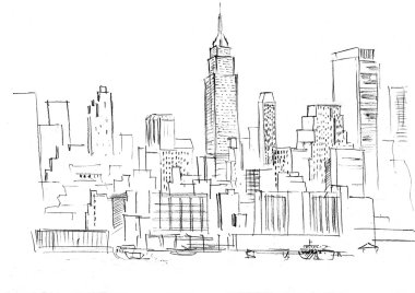 new York gökdelen kümesi ile bir manzara karakalem