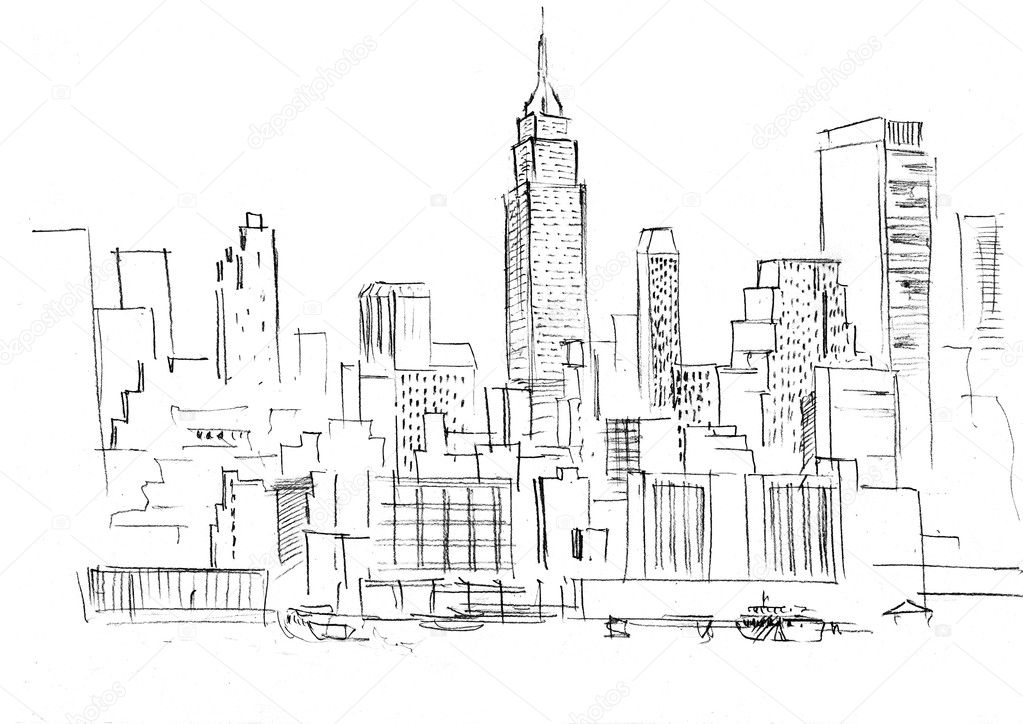 Pencil drawing of a landscape with set of skyscrapers in New York