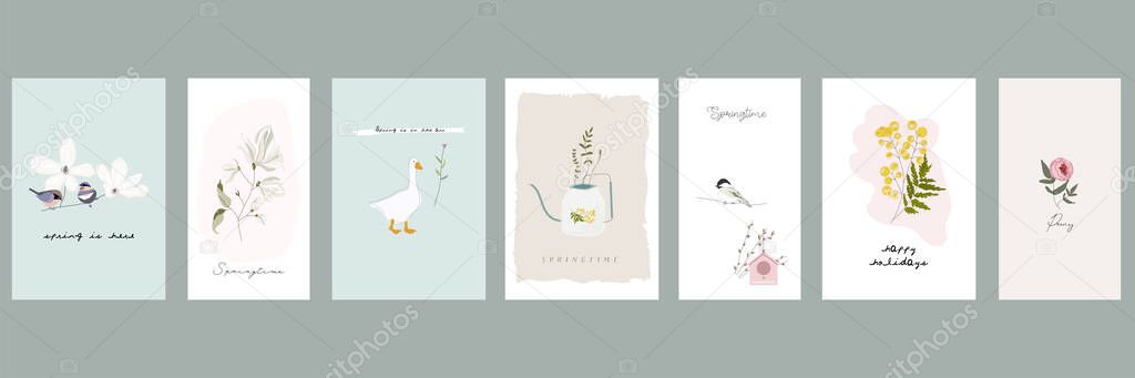cute spring postcards with hand drawn florals, birds 
