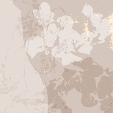 Narin çiçekleri, botanik elementleri ve altın folyonun dokunuşuyla süslü bir arka plan.