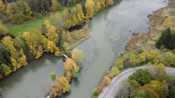 Rosja Abramcewo 2021 Zdjęcia Powietrza Przelatujące Nad Lasem Rzeką Jesienny — Wideo stockowe