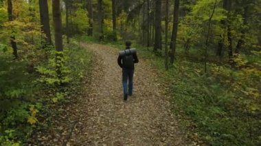 Rusya, Abramtsevo, 08.08.2021. Siyah sırt çantalı bir adam, yedekte sonbahar ormanında yürüyor. Yürüyüş konsepti ve Rusya 'da turizmin gelişimi.