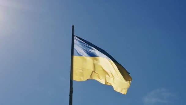 ウクライナは青い空を舞う大きな国家のシンボルをフラグします 大きな黄色の青いウクライナの国旗 — ストック動画