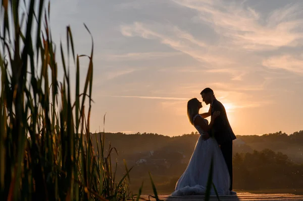 Bruid Bruidegom Ontmoeten Samen Zonsondergang — Stockfoto