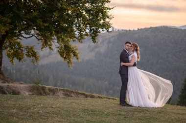 Mutlu şık gelin ve damat yaz güneşli bir günde dağlarda koşup eğleniyor.