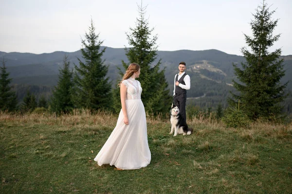 Małżeństwo Psem Spacerującym Górach Zachodzie Słońca Romantyczny Wieczór Górach — Zdjęcie stockowe