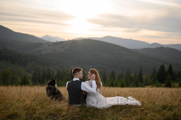 Svatební Pár Psem Horách Při Západu Slunce Romantický Večer Horách — Stock fotografie