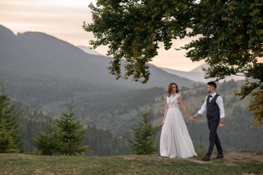 Mutlu şık gelin ve damat yaz güneşli bir günde dağlarda koşup eğleniyor.