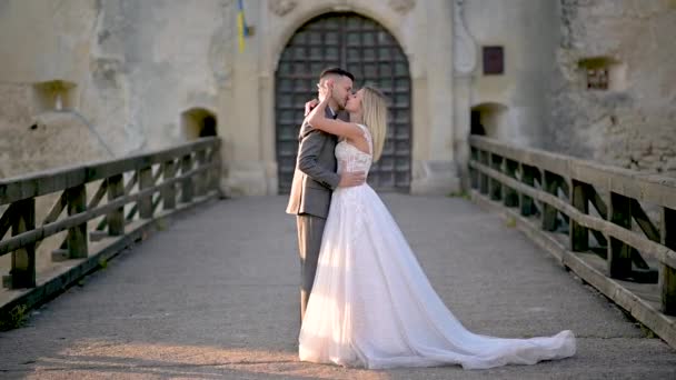 Newlyweds Passionately Kissing Background Old Castle — Stok Video