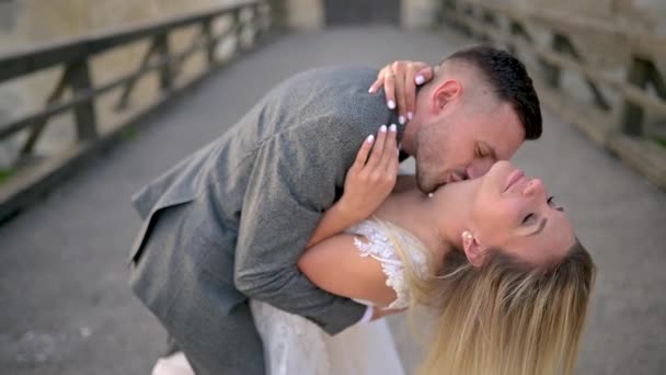 Groom Passionately Kisses Bride Neck Close — Video