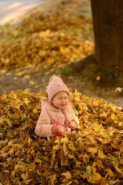 Holčička Hraje Hromadě Podzimního Listí Dívka Zamrkala — Stock fotografie