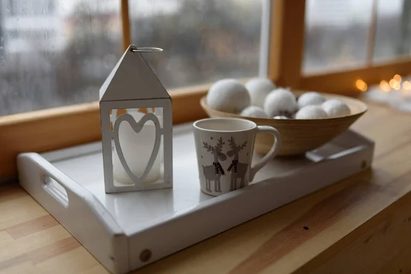 Cup Pattern Wooden Window Sill Winter — Stockfoto