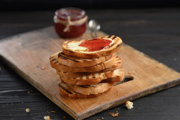 Toast Bread Homemade Strawberry Jam Rustic Table Butter Breakfast Brunch — ストック写真