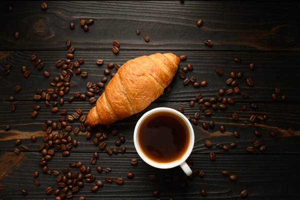 Croissants Coffee Coffee Beans Wooden Background — Stock Photo, Image