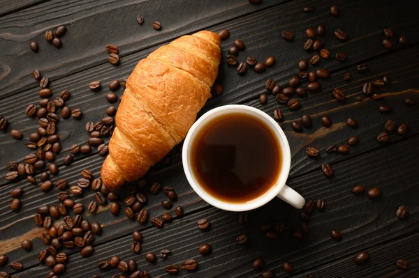 Croissants Coffee Coffee Beans Wooden Background — Stock Photo, Image