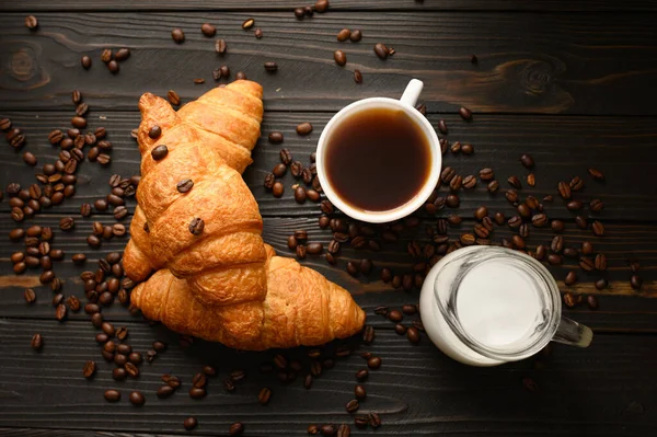 Croissants Coffee Coffee Beans Wooden Background — Stock Photo, Image