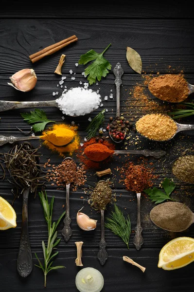 Colorful Various Herbs Spices Cooking Dark Wooden Rustic Background — Fotografia de Stock