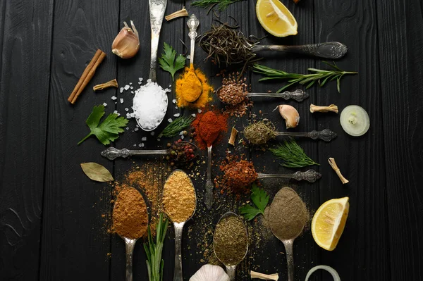 Colorful Various Herbs Spices Cooking Dark Wooden Rustic Background — Fotografia de Stock