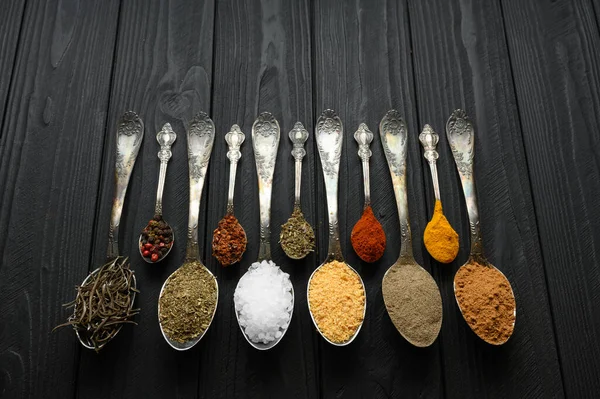 Colorful Various Herbs Spices Cooking Dark Wooden Rustic Background — Zdjęcie stockowe