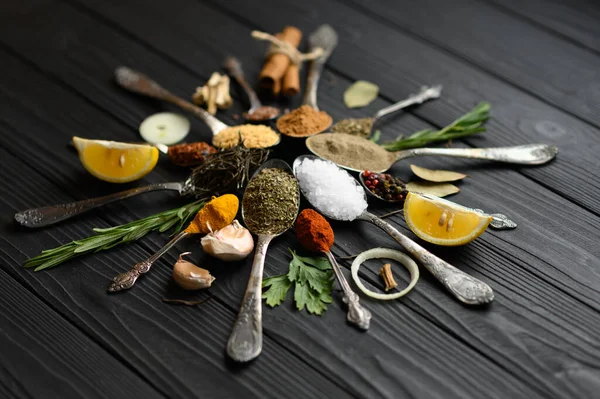 Colorful Various Herbs Spices Cooking Dark Wooden Rustic Background — Stock Photo, Image