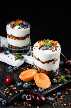 Taze kayısı, yabanmersini, kiraz, krem peynir ya da yoğurt ile ev yapımı tatlı..