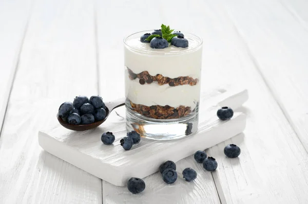 Dessert Cottage Cheese Fresh Blueberries Granola Glass White Wooden Background — Stock Photo, Image