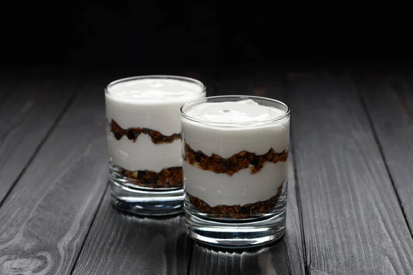 Layered Dessert Granola Wooden Dark Wooden Background — Stock Photo, Image