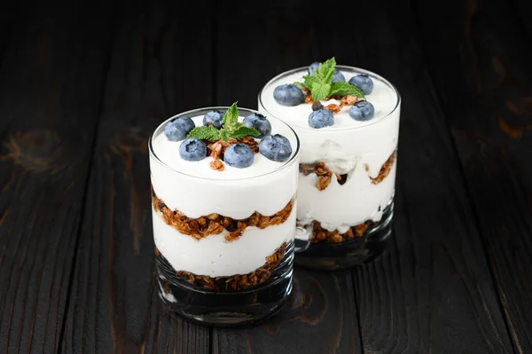 Homemade Layered Dessert Fresh Blueberries Cream Cheese Yogurt Granola Rustic — Stock Photo, Image