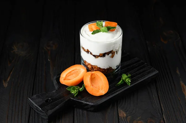 Homemade Layered Dessert Fresh Apricot Cream Cheese Yogurt Granola Rustic — Stock Photo, Image