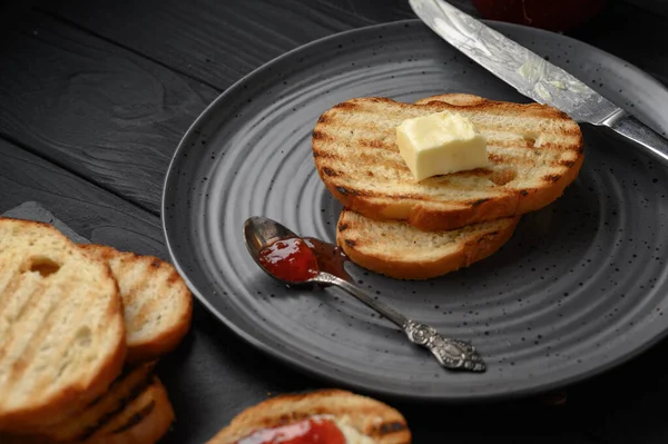 Petit Déjeuner Continental Servi Avec Café Pain Grillé Confiture Beurre — Photo