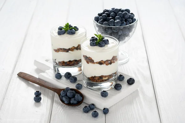 Dessert Cottage Cheese Fresh Blueberries Granola Glass White Wooden Background — Stock Photo, Image