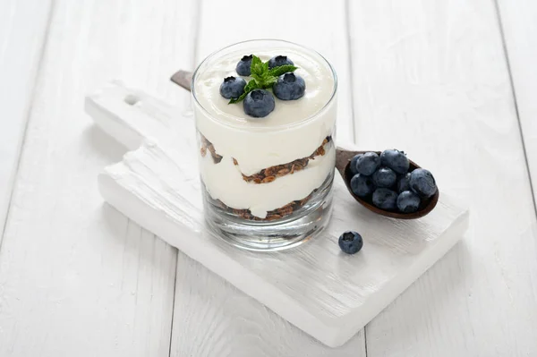 Dessert Cottage Cheese Fresh Blueberries Granola Glass White Wooden Background — Stock Photo, Image