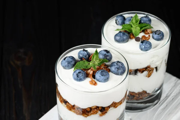 Homemade Layered Dessert Fresh Blueberries Cream Cheese Yogurt Granola Rustic — Stok fotoğraf