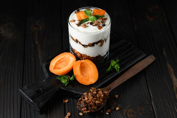 Homemade Layered Dessert Fresh Apricot Cream Cheese Yogurt Granola Rustic — Stock Photo, Image