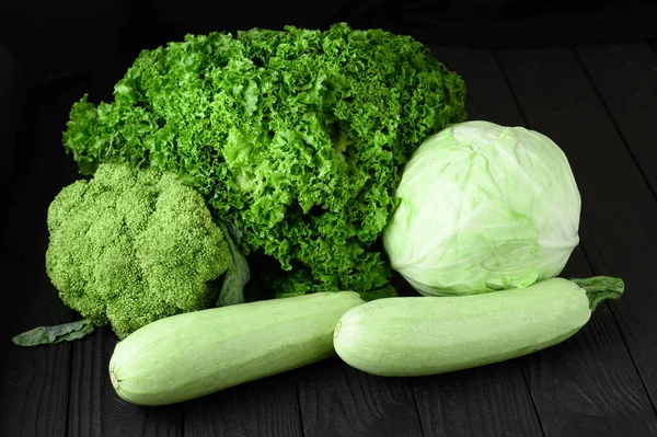 Still Life Green Vegetables Black Background — Fotografia de Stock