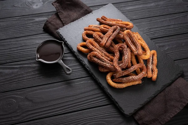 Homemade Churros Chocolate Dark Wooden Rustic Background — Stockfoto