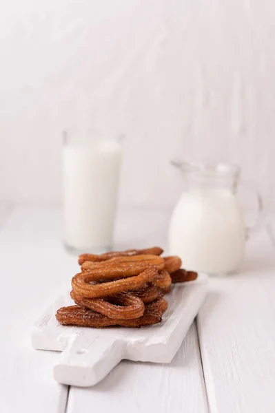 Homemade Churros Milk Cream White Wooden Background — ストック写真