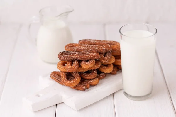 Homemade Churros Milk Cream White Wooden Background — Stockfoto