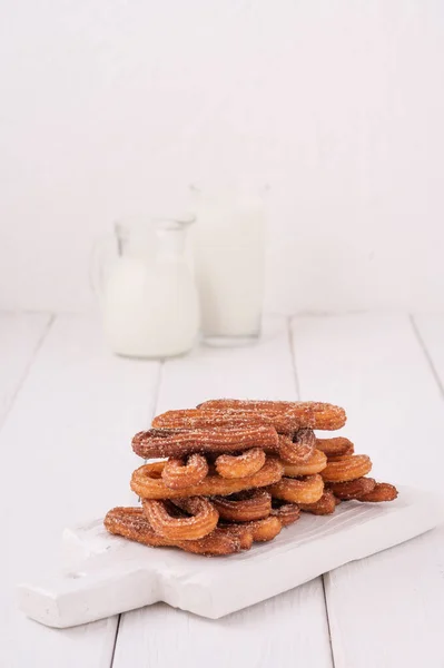 Homemade Churros Milk Cream White Wooden Background — Stock fotografie