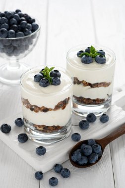 Süzme peynirli tatlı, taze yabanmersini ve beyaz ahşap arka planda bir bardakta granola..