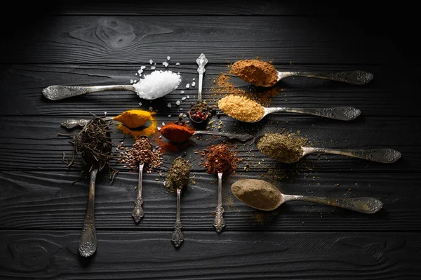 Colorful Various Herbs Spices Cooking Dark Wooden Rustic Background — Fotografia de Stock