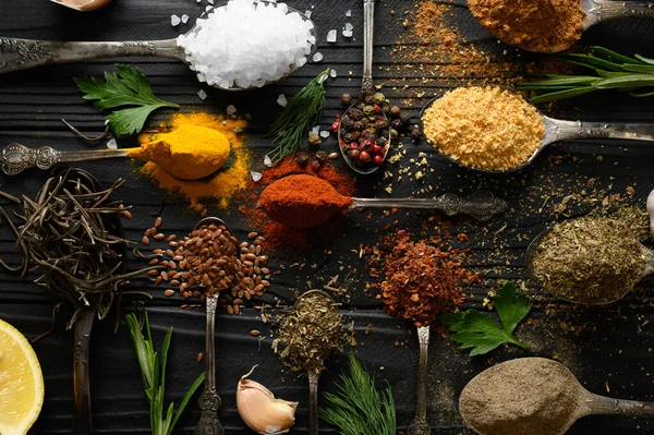 Colorful Various Herbs Spices Cooking Dark Wooden Rustic Background — Fotografia de Stock