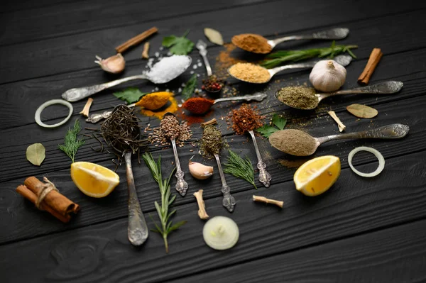 Colorful Various Herbs Spices Cooking Dark Wooden Rustic Background — Stock Photo, Image