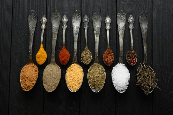 Colorful Various Herbs Spices Cooking Dark Wooden Rustic Background — Stockfoto