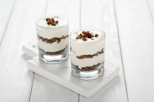 Dessert Mascarpone Cheese Granola White Wooden Background — ストック写真